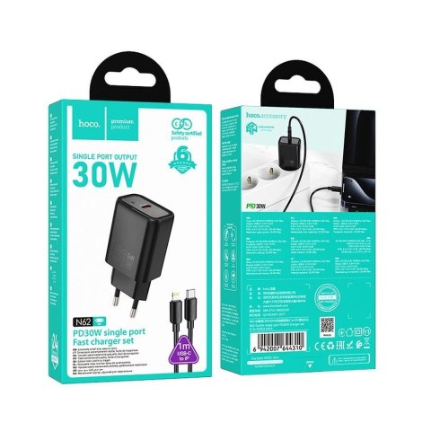 Ładowarka sieciowa do telefonu Hoco USB C QC PD 30W + kabel USB C do Lightning N62 czarna
