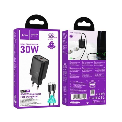 Ładowarka sieciowa do telefonu Hoco USB C QC PD 30W + kabel USB C do USB C N62 czarna