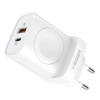 Ładowarka sieciowa do telefonu VEGER USB A + Typ C + ładowarka indukcyjna kompatybilna z Apple Watch PD QC3.0 3A 25W W002E biała