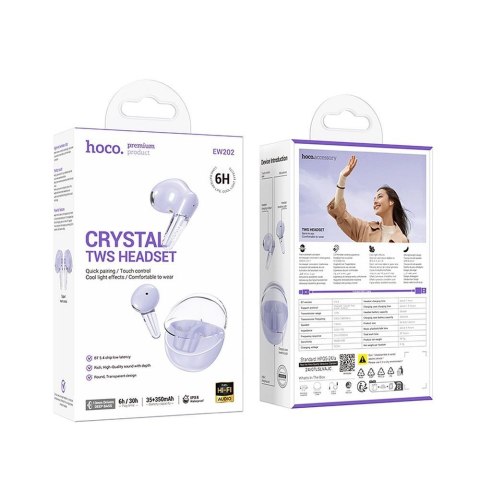 Słuchawki bezprzewodowe douszne Hoco TWS EW202 fioletowe