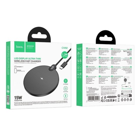 Ładowarka indukcyjna Hoco 15W z kablem USB C i wyświetlaczem CW62 czarna