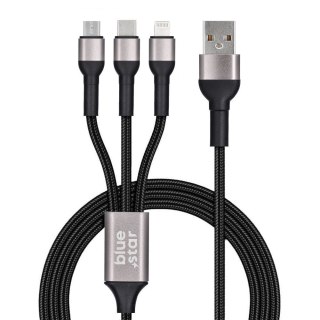 Kabel 3w1 USB A do Lightning / Micro USB / USB C Blue Star 2,4A z oplotem 1,2 m TFK-DC-010 czarny