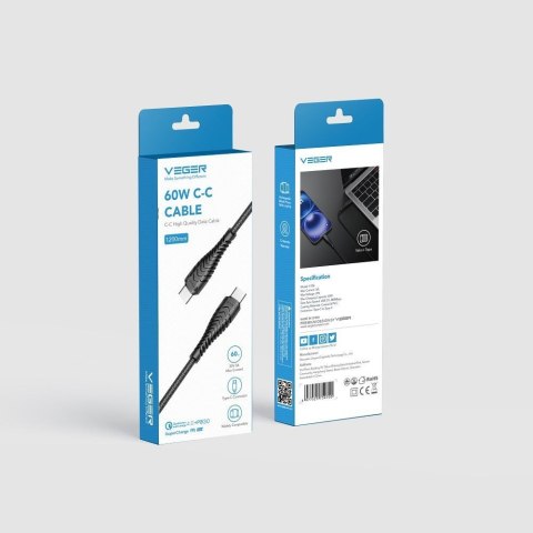 Kabel USB C do USB C VEGER PD 3A 60W 1,2 m V106 czarny