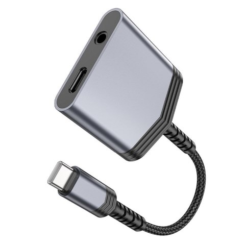 Adapter AUX 2w1 USB C do USB C / Jack 3,5 mm Hoco 27W LS39 szary