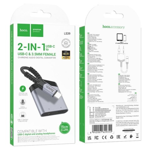 Adapter AUX 2w1 USB C do USB C / Jack 3,5 mm Hoco 27W LS39 szary