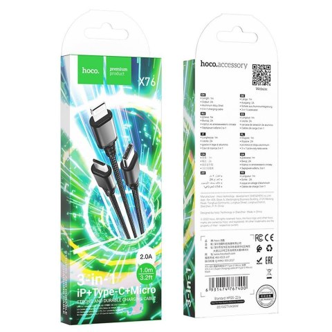 Kabel 3w1 USB A do Lightning / Micro USB / USB C Hoco 2A 1 m X76 czarny