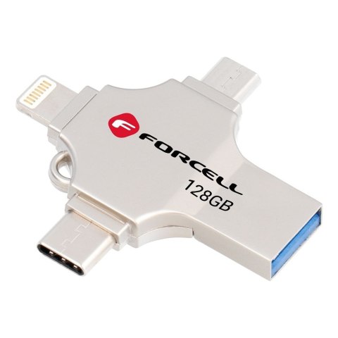 Pendrive 128GB USB 3.2 Gen 1 (USB A / USB C / Lightning / Micro USB) Forcell F-Data Metal Quad srebrny