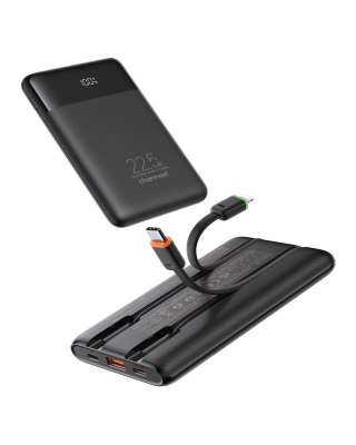 Powerbank Charmast W1202 PD3.0 3A 22,5W 10000 mAh z wbudowanymi kablami USB C / Lightning czarny