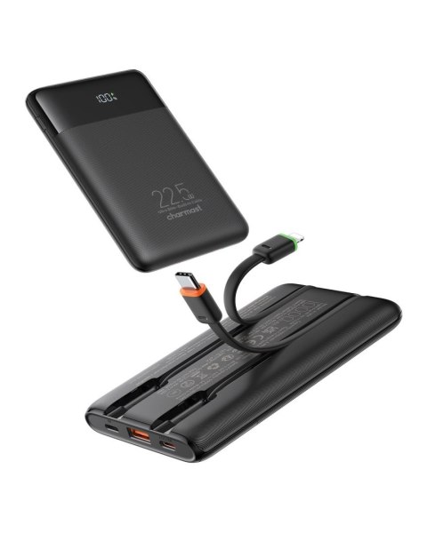 Powerbank Charmast W1202 PD3.0 3A 22,5W 10000 mAh z wbudowanymi kablami USB C / Lightning czarny