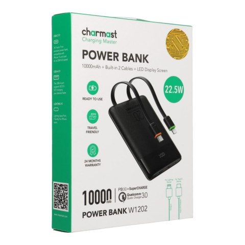 Powerbank Charmast W1202 PD3.0 3A 22,5W 10000 mAh z wbudowanymi kablami USB C / Lightning czarny