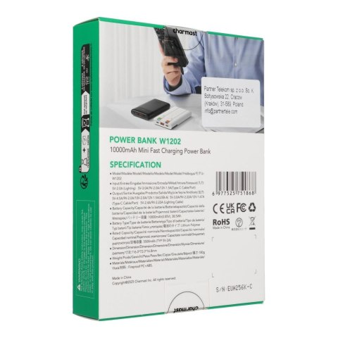 Powerbank Charmast W1202 PD3.0 3A 22,5W 10000 mAh z wbudowanymi kablami USB C / Lightning czarny