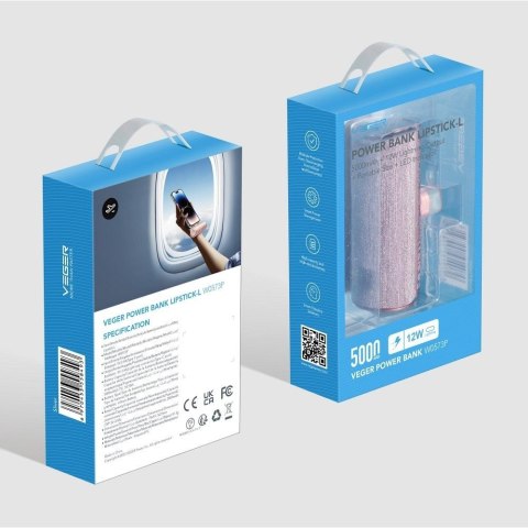 Powerbank Veger PlugOn (W0573) PD QC3.0 2,4A 12W 5000 mAh z wbudowanym złączem USB C rózowy