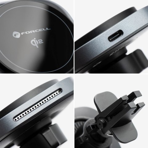 Uchwyt na telefon do samochodu indukcyjny zgodny z MagSafe Forcell F-Grip Air Mag F-07 Qi2 15W do kratki srebrny