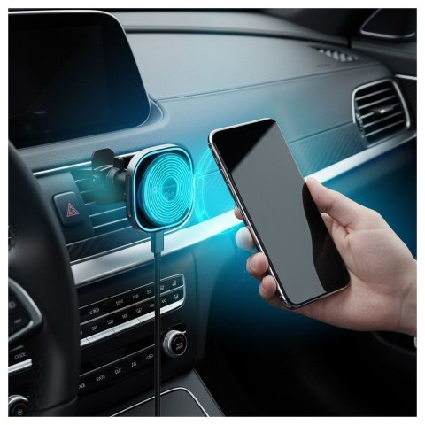 Uchwyt na telefon do samochodu indukcyjny zgodny z MagSafe Forcell F-Grip Air Mag F-07 Qi2 15W do kratki srebrny