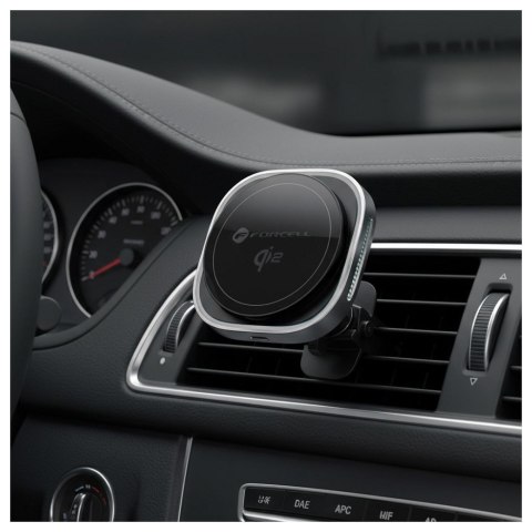 Uchwyt na telefon do samochodu indukcyjny zgodny z MagSafe Forcell F-Grip Air Mag F-07 Qi2 15W do kratki srebrny