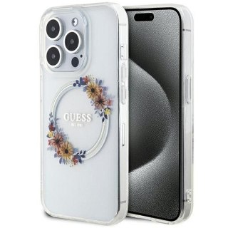 GUESS futerał do IPHONE 15 Pro kompatybilny z MagSafe GUHMP15LHFWFCT (Flowers Wreath) transparentny