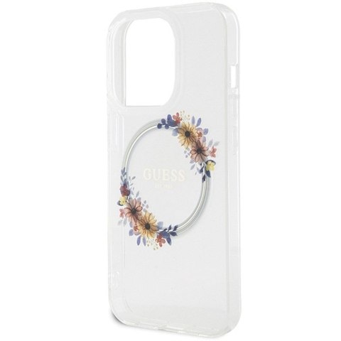 GUESS futerał do IPHONE 15 Pro kompatybilny z MagSafe GUHMP15LHFWFCT (Flowers Wreath) transparentny