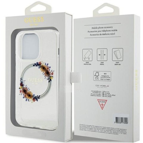 GUESS futerał do IPHONE 15 Pro kompatybilny z MagSafe GUHMP15LHFWFCT (Flowers Wreath) transparentny