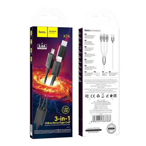 Kabel 3w1 USB A do Lightning / Micro USB / USB C Hoco 2A X74 1 m czarny
