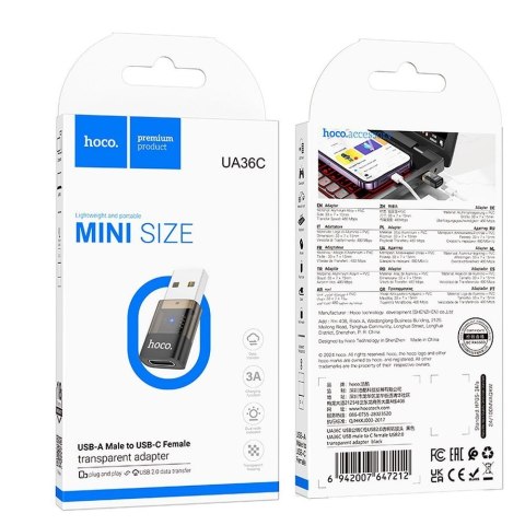 Adapter USB A do USB C Hoco UA36C transparentny czarny