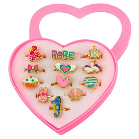 Zestaw Pierścionki Dla Dzieci Regulowane Metalowe Różne Wzory Serce 12 szt.