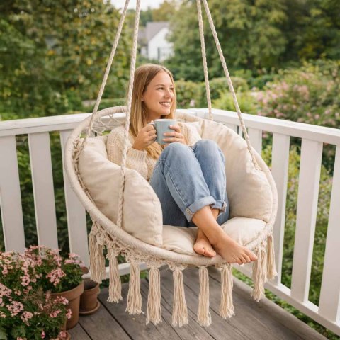 Huśtawka LUARO fotel bocianie gniazdo z poduszką ecru 80cm 150kg