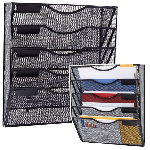 Metalowy Organizer Na Dokumenty Gazety Regał Na Ścianę 5 Przegród A4 Czarny