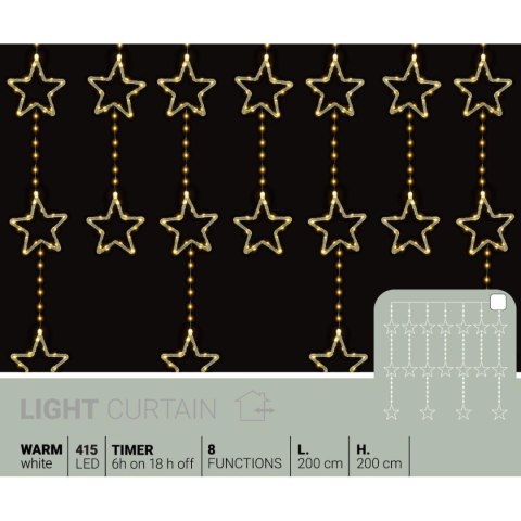 LAMPKI CHOINKOWE KURTYNA ŚWIETLNA 200x200 CM 415LED CIEPŁY BIAŁY GWIAZDKI