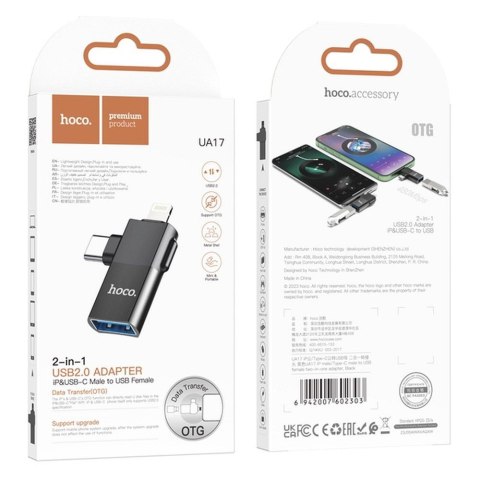 Adapter OTG 2w1 USB C / Lightning do USB A Hoco UA17 czarny