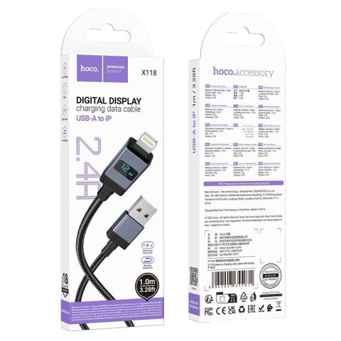 Kabel USB A do Lightning Hoco 2,4A z wyświetlaczem 1 m X118 czarny