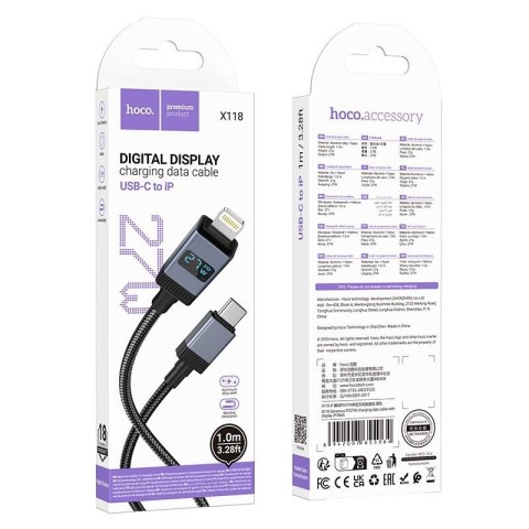 Kabel USB C do Lightning Hoco PD 27W z wyświetlaczem 1 m X118 czarny