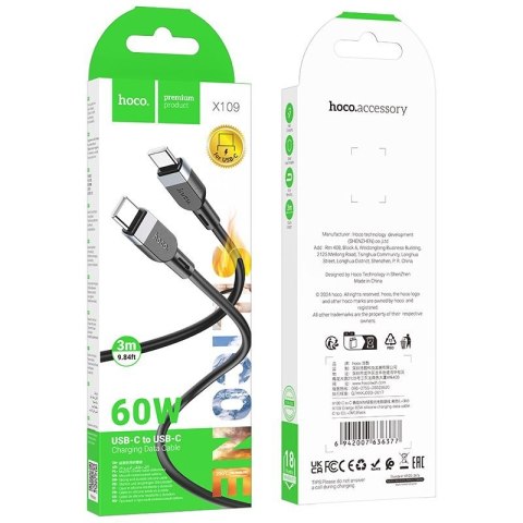 Kabel USB C do USB C Hoco 3A 60W Silikonowy 3 m X109 czarny