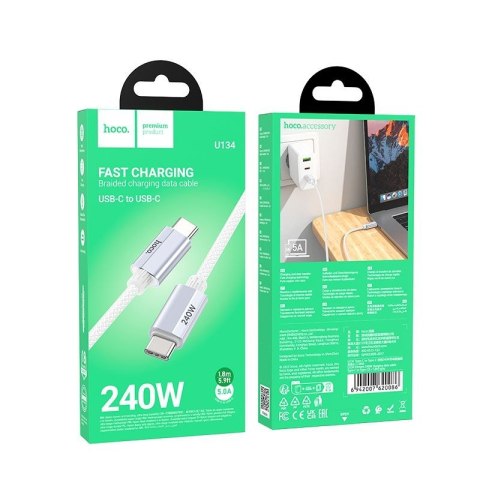 Kabel USB C do USB C Hoco QC3.0 PD 5A 240W 1,8 m U134 szary