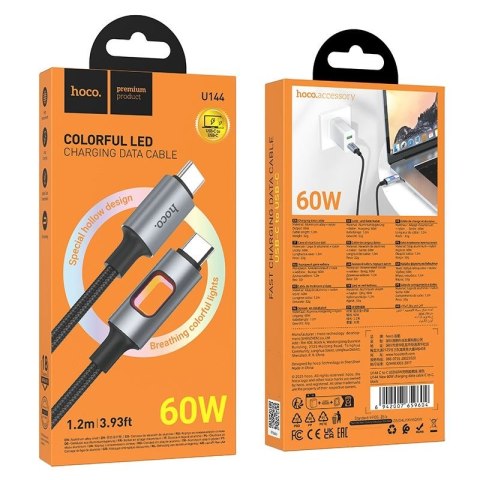Kabel USB z diodami LED USB C do USB C Hoco 3A 60W 1,2 m U144 czarny