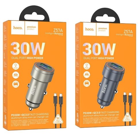Ładowarka samochodowa Hoco USB A + USB C QC3.0 PD 30W + kabel USB C do USB C Z57A czarna