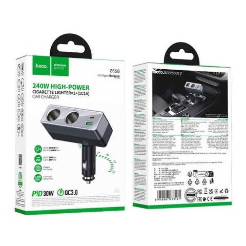 Ładowarka samochodowa Hoco z rozdzielaczem 1xUSB A + 1xUSB C + 2 porty zapalniczki QC3.0 PD max 240W/24V Z65B czarna