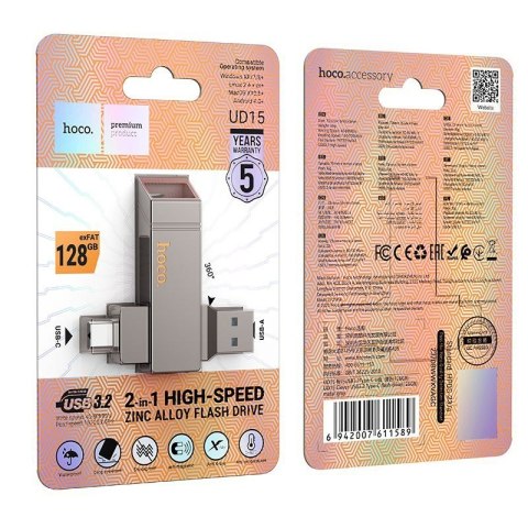 Pendrive 128GB USB 3.2 (USB A + USB C) Hoco UD15 szary