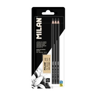 Zestaw 3 ołówków węglowych + gumka