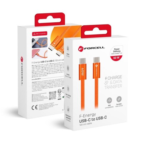 Kabel USB C do USB C Forcell F-Energy QC4.0 PD 3A 60W Cafule Color 1,2 m ACYH23 pomarańczowy