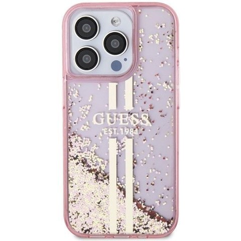 GUESS futerał do IPHONE 15 Pro GUHCP15LLFCSEGP (Liquid Glitter Gold Stripes) różowy