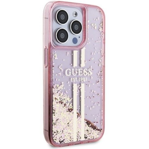 GUESS futerał do IPHONE 15 Pro GUHCP15LLFCSEGP (Liquid Glitter Gold Stripes) różowy