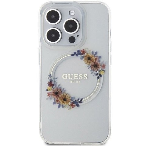 GUESS futerał do IPHONE 15 Pro Max kompatybilny z MagSafe GUHMP15XHFWFCT (Flowers Wreath) transparentny