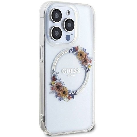GUESS futerał do IPHONE 15 Pro Max kompatybilny z MagSafe GUHMP15XHFWFCT (Flowers Wreath) transparentny