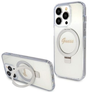 GUESS futerał do IPHONE 15 Pro kompatybilny z MagSafe GUHMP15LHRSGSD (Glitter Script Logo Ring stand) transparentny
