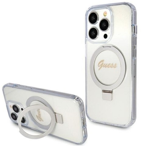 GUESS futerał do IPHONE 15 Pro kompatybilny z MagSafe GUHMP15LHRSGSD (Glitter Script Logo Ring stand) transparentny