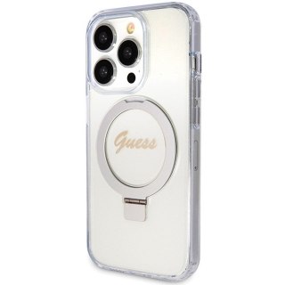 GUESS futerał do IPHONE 15 Pro kompatybilny z MagSafe GUHMP15LHRSGSD (Glitter Script Logo Ring stand) transparentny