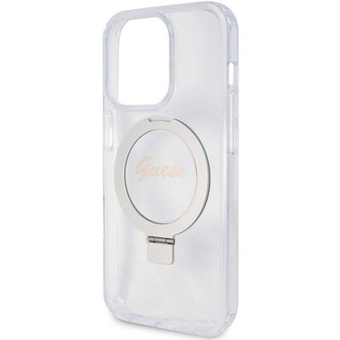 GUESS futerał do IPHONE 15 Pro kompatybilny z MagSafe GUHMP15LHRSGSD (Glitter Script Logo Ring stand) transparentny