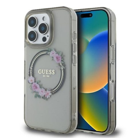 GUESS futerał do IPHONE 16 Pro kompatybilny z MagSafe GUHMP16LHFWFCK (IML Flowers Wreath) czarny
