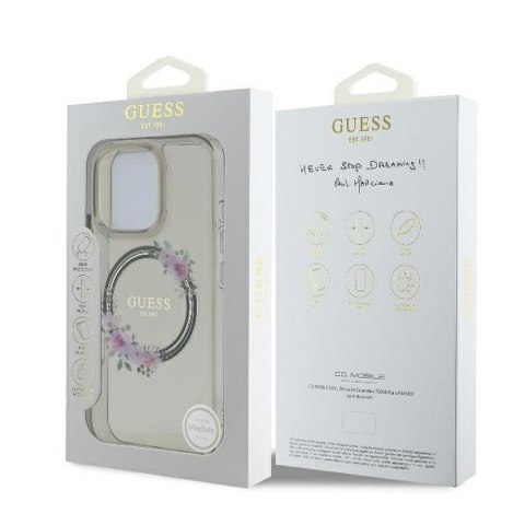 GUESS futerał do IPHONE 16 Pro kompatybilny z MagSafe GUHMP16LHFWFCK (IML Flowers Wreath) czarny