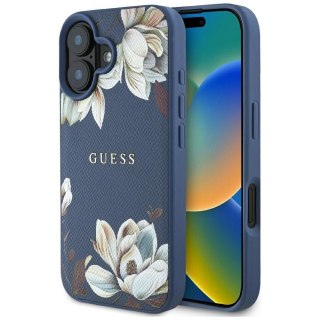GUESS futerał do IPHONE 16 kompatybilny z MagSafe GUHMP16SPGNMPLMB (PU Grained Flowers Classic Logo) niebieski